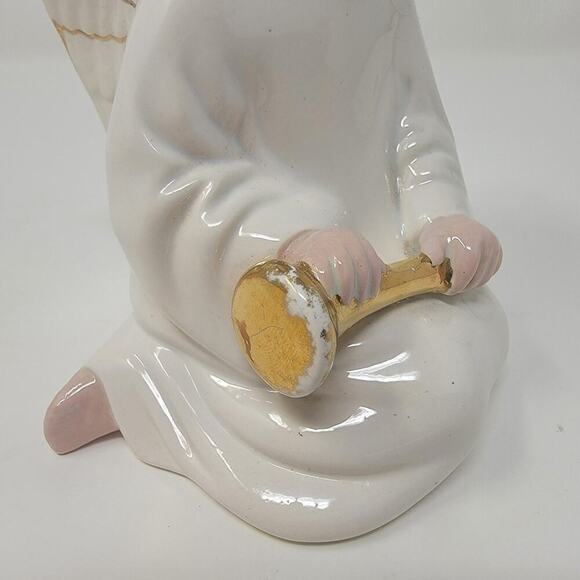 Signed Vintage Hand Painted White Christmas Angel & Horn Figurine 1972 - Picture 3 of 11